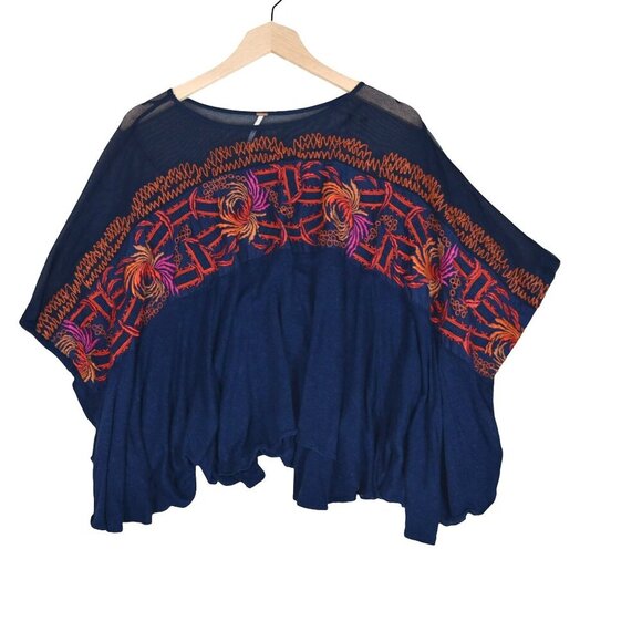 Free People Navy Embroidered Poncho Top XS Boho Boxy Festival Gauze Blouse - Picture 1 of 9
